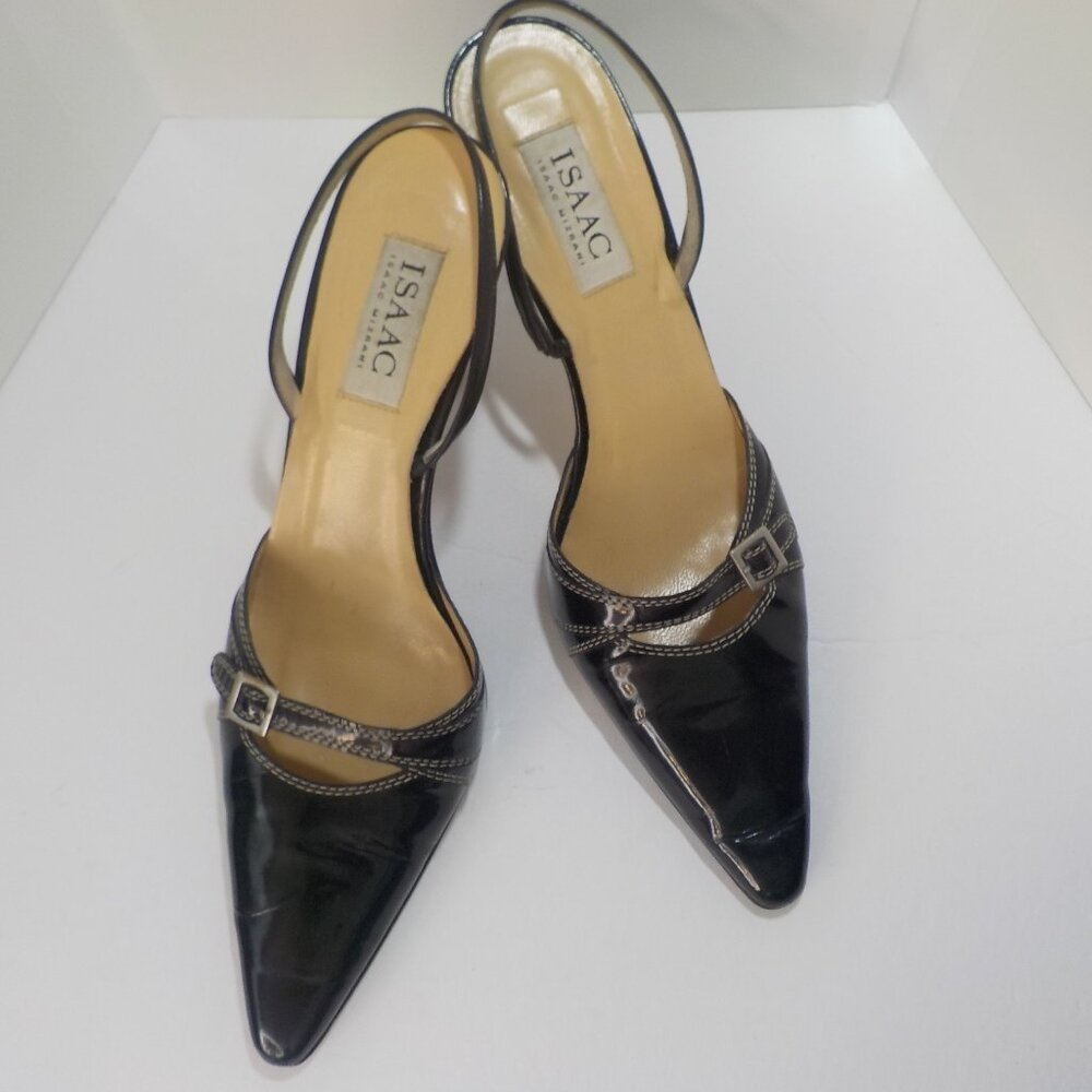 ISSAC MIZRANI, Black Patent Leather, Sling backs with Buckle Detail